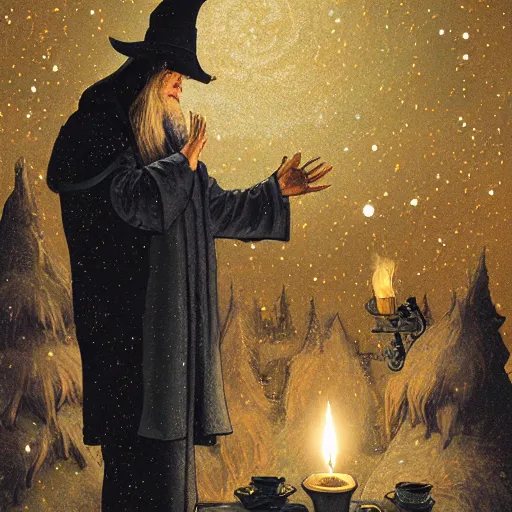Prompt: a digital painting of a wizard teaching in an observatory, constellations, midnight, sparks from the candles, victorian era, art by terese neilsen, rebecca guay, scott fischer, normal rockwell, trending on artstation