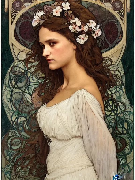 Image similar to an art nouveau mucha poster style head and shoulders portrait oil painting of a pretty young alicia jessica vikander alba wearing a white victorian bridal gown, intricate, detailed, smooth, complex, elaborate, by alphonse mucha and james gurney and john william waterhouse and bouguereau