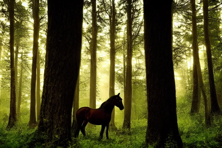 Prompt: beautiful horse in the forest evening natural light, fireflies, by Emmanuel Lubezki