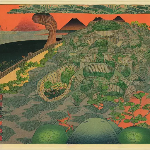 Image similar to 3d isometric botanical illustration of an alien town besides the nile river, diego rivera in Ukiyo-e style, HD