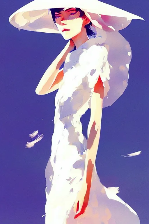 Image similar to a ultradetailed beautiful painting of a stylish woman wearing a white dress with a sun hat, by conrad roset, greg rutkowski and makoto shinkai trending on artstation