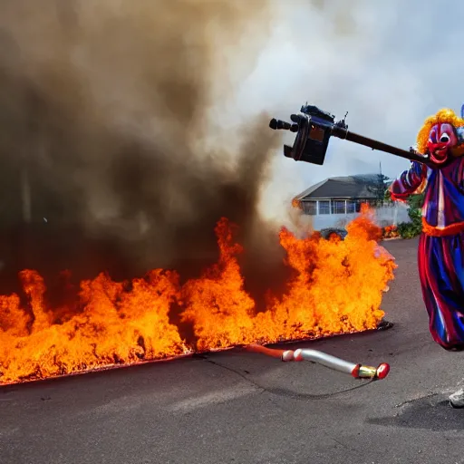 Prompt: photo of a clown using a flamethrower. In the background there is a dumpster fire. award-winning, highly-detailed, 8K