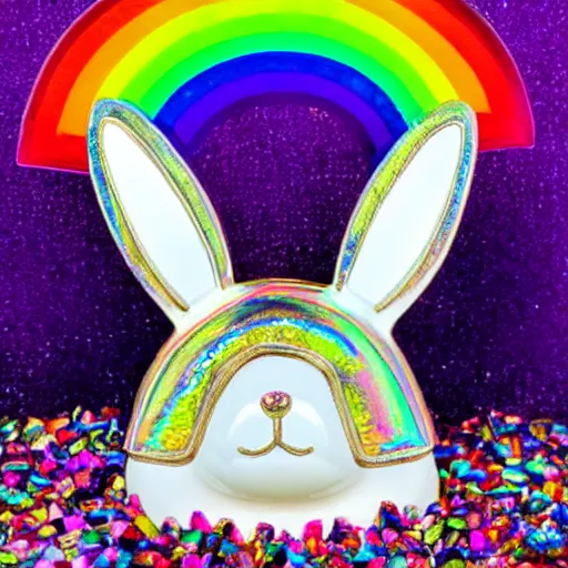 Image similar to iridescent bunny with rainbow colored crystals and gems in the king's treasury.