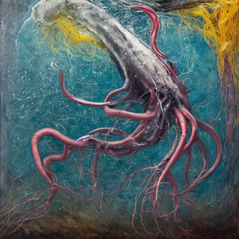 Prompt: Hyperrealistic intensely colored Studio wet collodion Photograph portrait of a deep sea Giant Squid battling Physeter Macrocephalus Whale deep underwater in darkness long exposure, award-winning nature deep sea expressionistic impasto heavy brushstrokes oil painting by Cy Twombly and Tim Hawkinson and Audubon vivid colors hyperrealism 8k