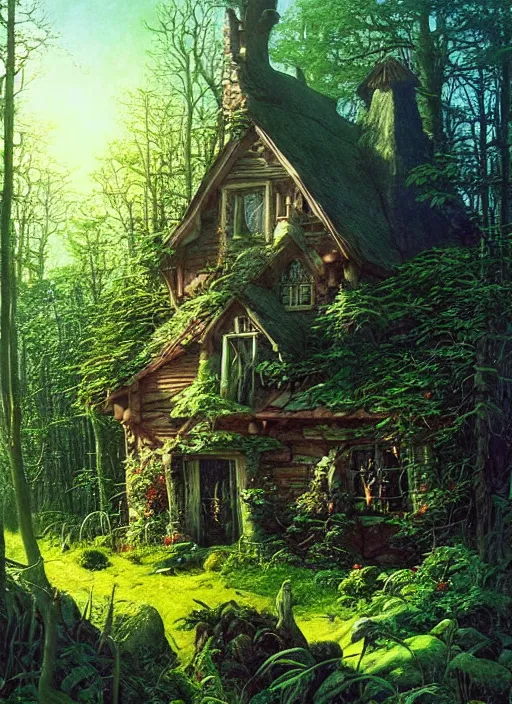 Image similar to hyper realistic witch cottage with happy lighting and technology in the woods gorgeous lighting, sunbeams blue sky, highly detailed photoreal, lush forest foliage painting by zdzisław beksinski and norman rockwell and greg rutkowski weta studio, and lucasfilm