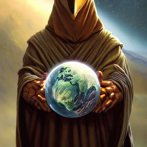 Image similar to masked nomad male wearing a cloak on an alien world and holding a holographic planet projection in his hand, detailed, sci - fi, digital painting, artstation, sharp focus, illustration, ominous, artgerm, tomasz alen kopera, peter mohrbacher, donato giancola, joseph christian leyendecker, wlop, frank frazetta