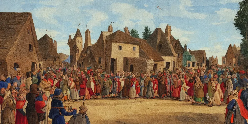 Image similar to color painting of a crowd of medieval villagers cheering and looking at camera, empty road in the middle, eye level view