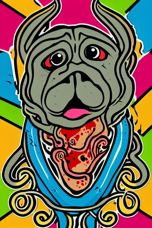 Image similar to Pug with tentacles, the devil, sticker, blood thirsty, spawn of Satan, burning in hell, blood, evil, colorful, illustration, highly detailed, simple, smooth and clean vector curves, no jagged lines, vector art, smooth