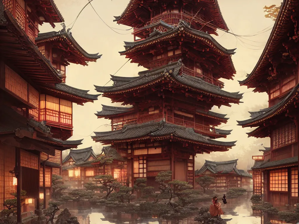 Image similar to old japanese town, d & d digital painting, intricate details, ultra realistic, beautiful, volumetric lighting, warm colors advance, cell shading, by james jean, greg rutkowski, gerald brom, wlop