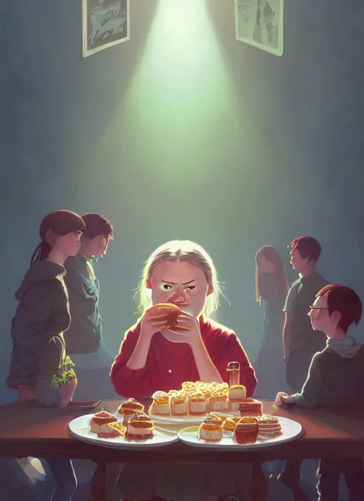 Image similar to highly detailed portrait of greta thunberg eating cakes, stephen bliss, unreal engine, greg rutkowski, loish, rhads, beeple, makoto shinkai and lois van baarle, ilya kuvshinov, rossdraws, tom bagshaw, tom whalen, alphonse mucha, global illumination, god rays, detailed and intricate environment