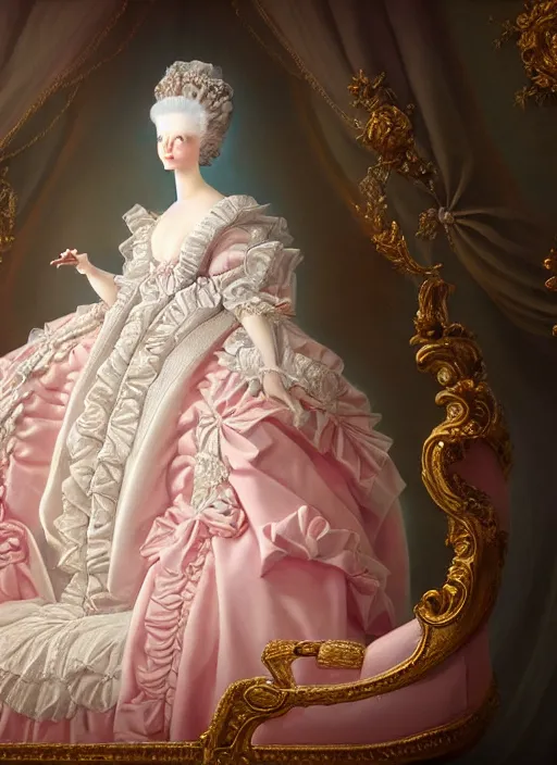 Prompt: highly detailed closeup, simple hand gestures, straight fingers, portrait of marie antoinette wearing a crown and sitting on a throne eating cakes, unreal engine, nicoletta ceccoli, mark ryden, earl norem, lostfish, global illumination, god rays, detailed and intricate environment