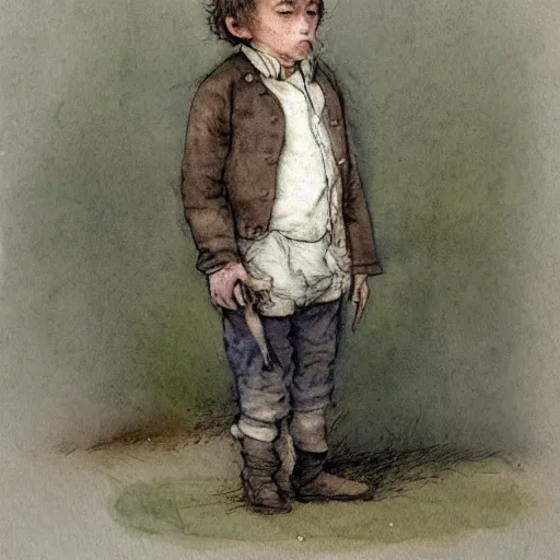 Image similar to portrait of a child standing and facing front looking strait ahead a muted color watercolor sketch of story book character ifrom the book Baltimore & Redingote by Jean-Baptiste Monge of an old man in the style of by Jean-Baptiste Monge that looks like its by Jean-Baptiste Monge and refencing Jean-Baptiste Monge