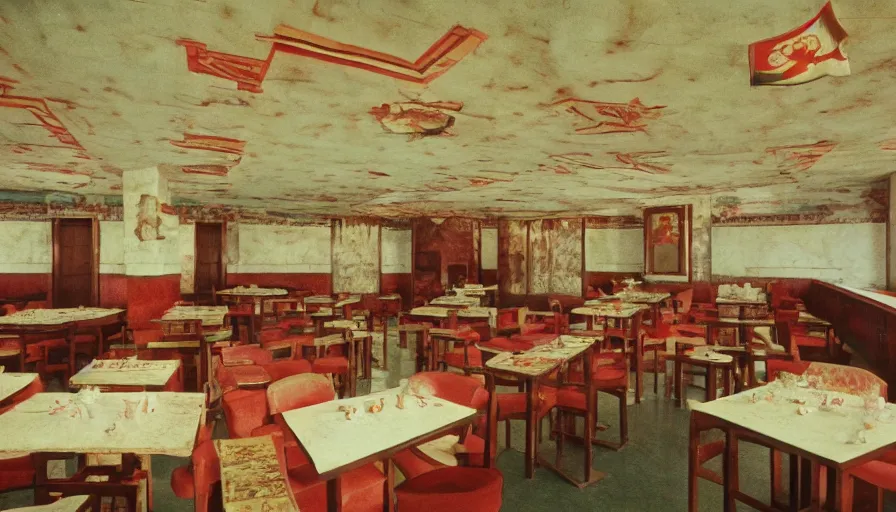 Image similar to 70s movie still of empty north-korean restaurant palace with propaganda fresco stalinist style, eastmancolor, heavy grain, high quality, higly detailed