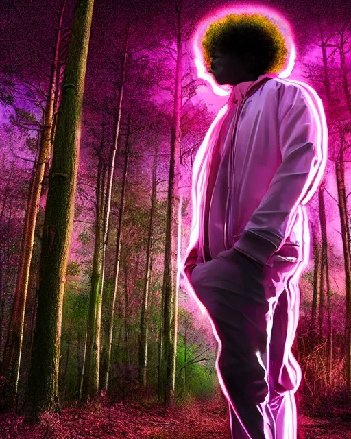 Image similar to man with pink glowing afro wearing disco jacket, standing in atmospheric spring forest at night, high contrast photoshop digital painting, realistic shading, beautiful moon lighting, best of artstation 4 k