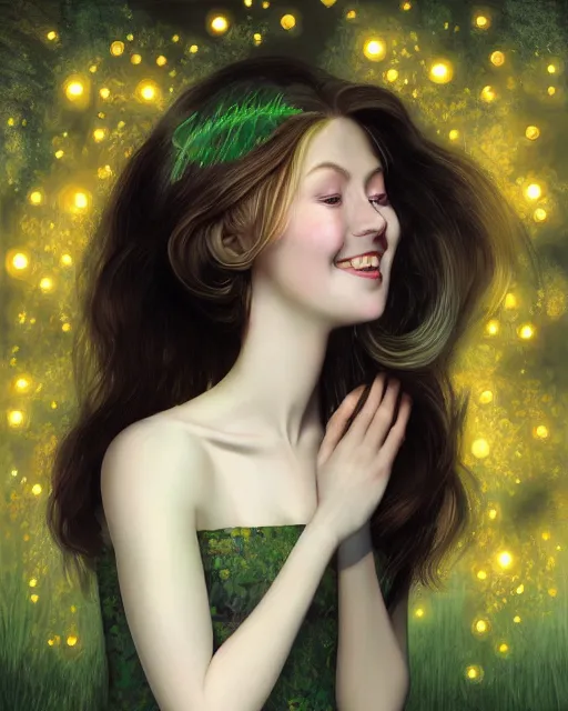 Image similar to a happy, modern looking young woman looking over shoulder, intricate detailed dress, among the lights of golden fireflies and nature, long loose red hair, bright green eyes, small nose with freckles, triangle shape face, smiling, dreamy scene, golden ratio, high contrast, hyper realistic digital art by caravaggio and artgerm.