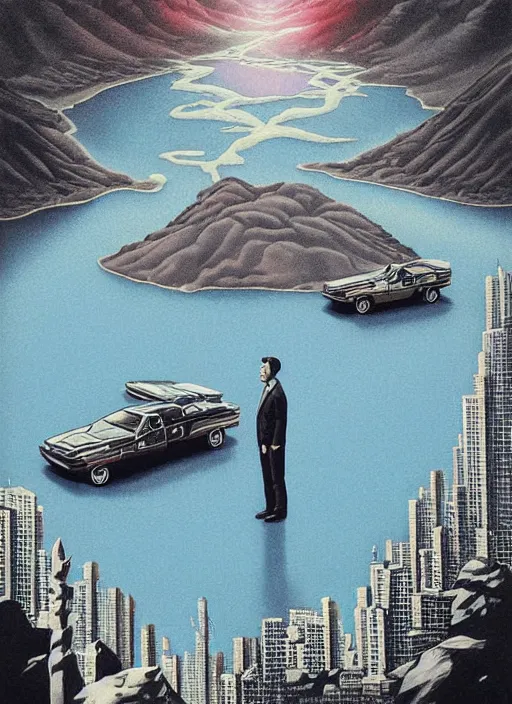 Prompt: dale cooper, kyle mclaughlin, looks into the the lake of souls, aerial top view, twin peaks poster art, from scene from twin peaks, by michael whelan, artgerm, retro, nostalgic, old fashioned, 1 9 8 0 s teen horror novel cover, book