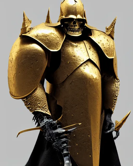 Image similar to 3d render of a character concept of a skull headed gold knight with a skull hemet, wearing golden armor, hyper realistic, unreal, craig mullins, alex boyd, lord of the rings, game of thrones, dark souls, artstation, warhammer, unreal