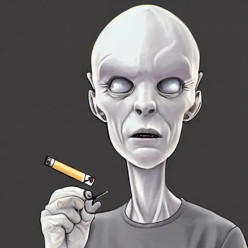 Image similar to Gray Alien working in Radioshack smoking a cigarette, White pixiv artist WLOP artstation artist Mam BA artstation real photo very detailed