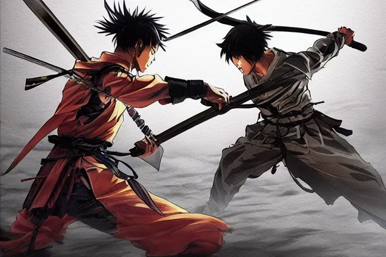 Image similar to epic and cinematographic samurai duel, by Katsuhiro Otomo, Yoshitaka Amano, Nico Tanigawa, and Artgerm with advanced digital renderers with 3D effect shadowing