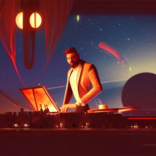 Image similar to A man djing at night under the stars, beautiful, digital art, artstation, hyperrealistic, 8k, unreal engine, octane render, trending on artstation, art by Artgerm and Greg Rutkowski and Alphonse Mucha and Beeple