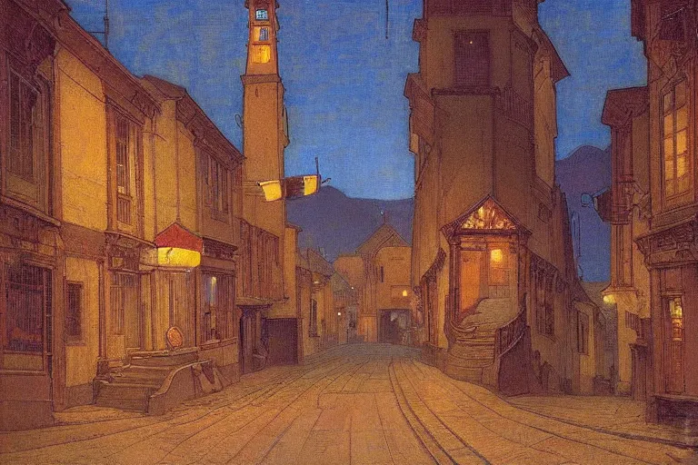 Image similar to winding street at midnight in a very old very beautiful city by ford madox brown and Nicholas Roerich and jean delville, glowing paper lanterns, strong dramatic cinematic lighting , ornate tiled architecture, lost civilizations, smooth, sharp focus, extremely detailed