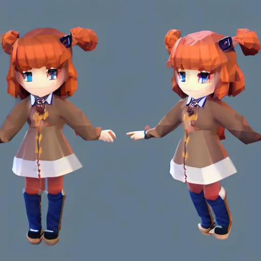 Prompt: ultra low poly modelling, isometric view, 1 6 bit colors, from touhou, a chibi girl, brown jacket with long sleeves, pigtails hair, volumetric lighting, fantasy, 4 k, intricate, hyper realistic, by blizzard, warcraft 3, backlit