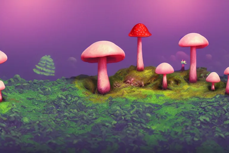 Image similar to Isometric mushroom forest, pastel colors, highly detailed, octane render, psychedelic, trending on artstation