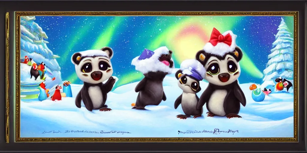 Image similar to 3 d littlest pet shop bear, ice, northern lights, penguins, snow cones, nature, polar express, gifts, master painter and art style of noel coypel, art of emile eisman - semenowsky, art of edouard bisson