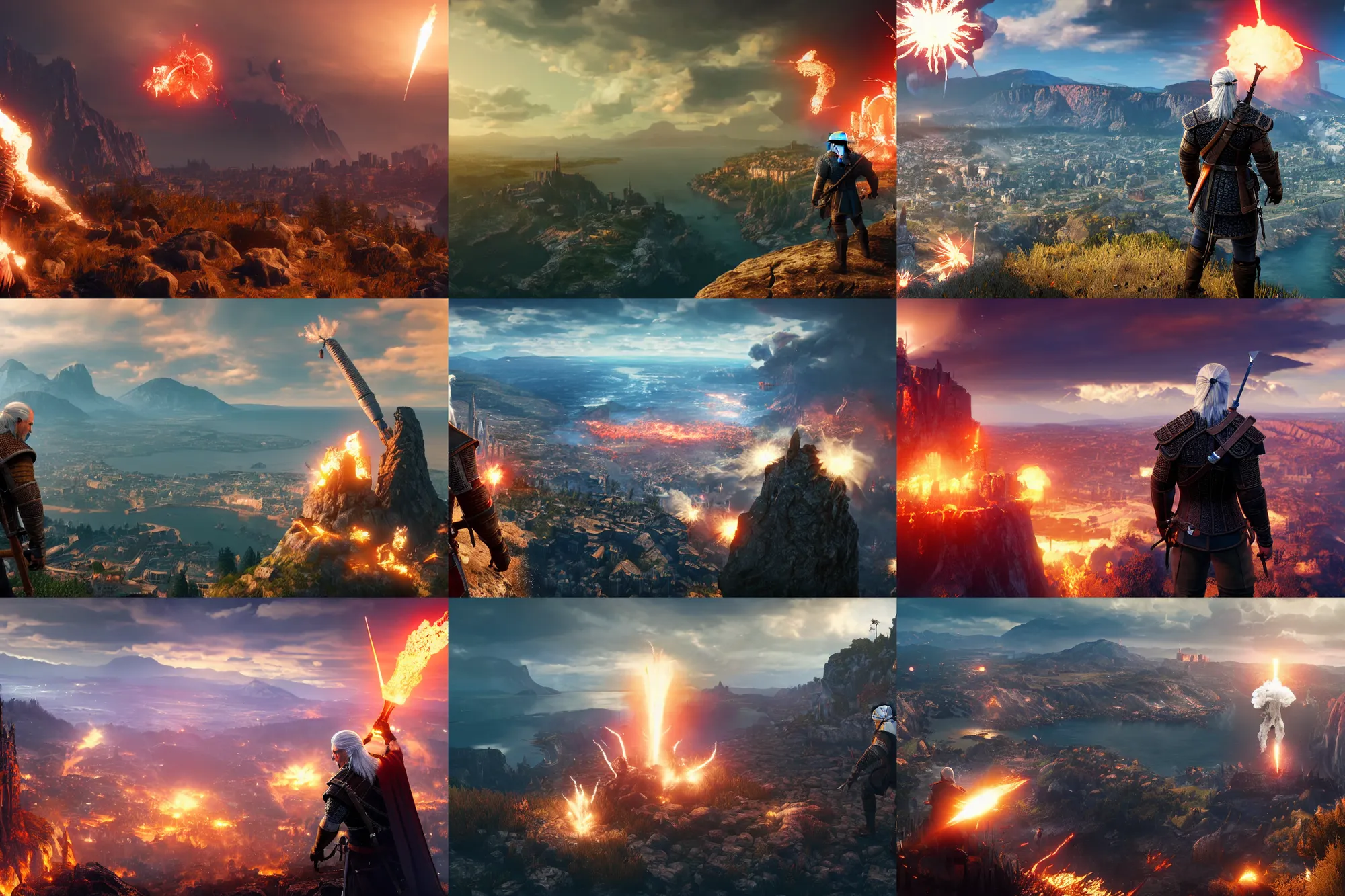 Prompt: illustration of Geralt casting Nuclear Bomb spell from atop a cliff at a city below in The Witcher 3, Unreal Engine 5, rendering, hyper-realistic, digital art, award winning, explosion, mushroom cloud