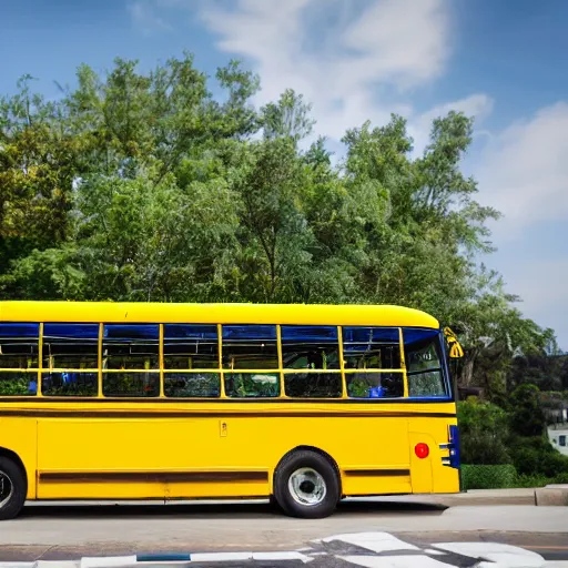 Image similar to A yellow bus, on top of the bus there is a pool and barbecue filled with people having a party, photograph