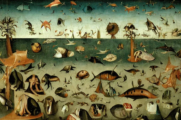 Image similar to a deep lake filled with fish people, dolphins, flippers hybrid half man half fish, monstruous dolphins, lizards, toads, jumping flying and eating frogs, detail of a painting by hieronymus bosch