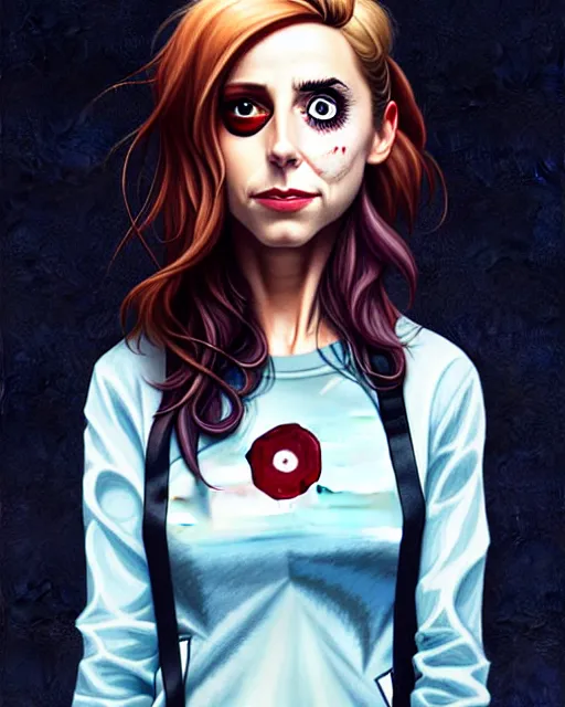 Image similar to loish, artgerm, Joshua Middleton art, Rafeal Albuquerque, pretty Alison Brie serial killer holding bloody knife in right hand realistic hand, blood on clothes and face, sarcastic smile, symmetrical eyes, symmetrical face, jean jacket, jeans, short blonde hair, middle shot, night time, deep blacks