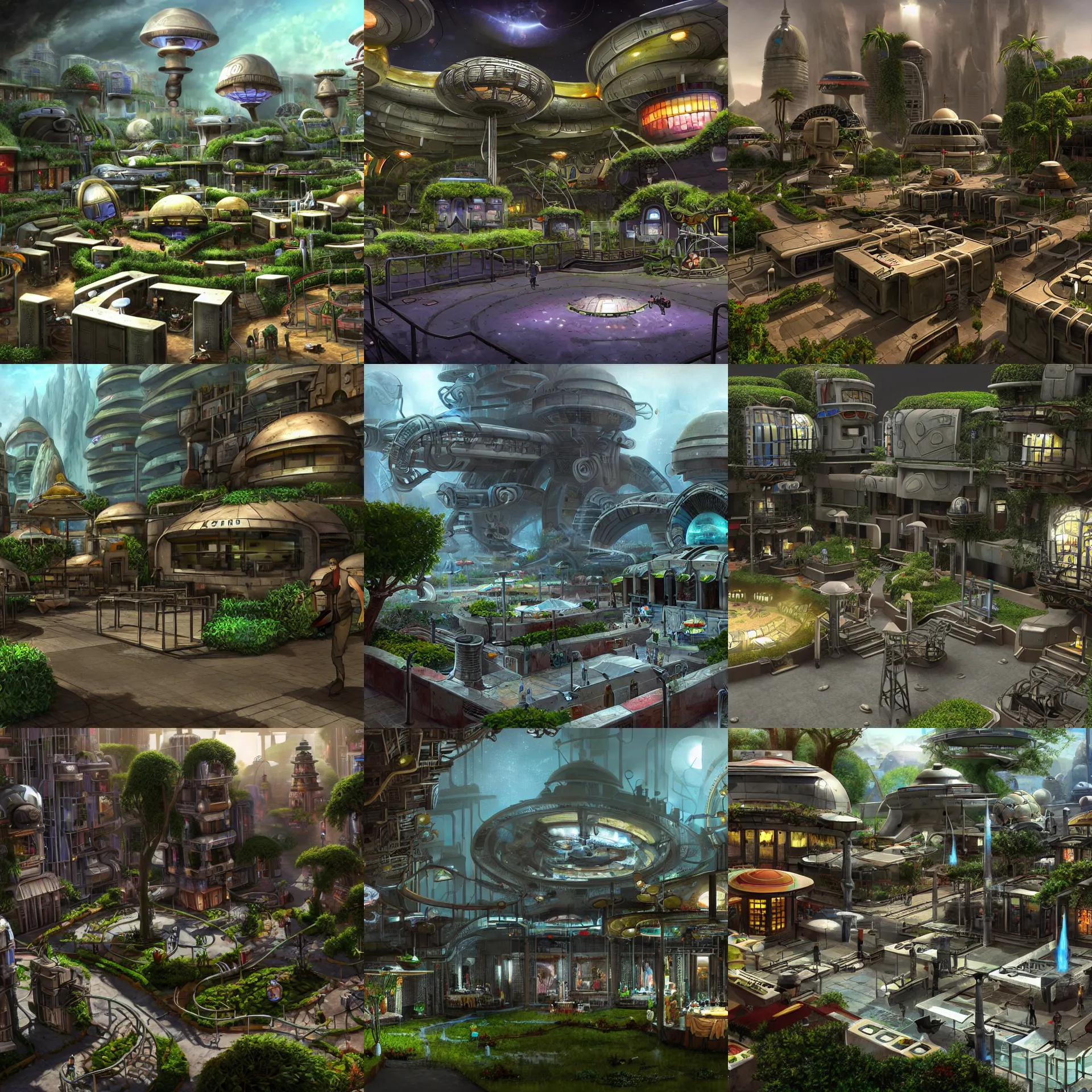 Prompt: a open plaza area with a restaurant, in the middle of a small colony, with buildings made from modular capsules, on an alien grassland, on an alien planet, from a space themed point and click 2 d graphic adventure game, set design inspired by hg giger and ridley scott and tomb raider, art inspired by thomas kinkade