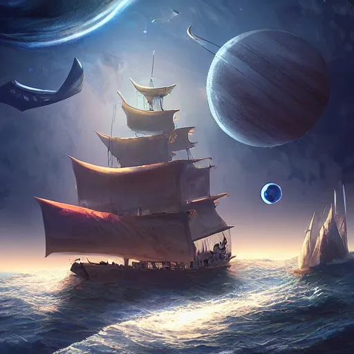 Prompt: pirate ship sailing through space with distant planets visible in the background no water, trending on artstation, ultra fine detailed, hyper detailed, hd, concept art, digital painting