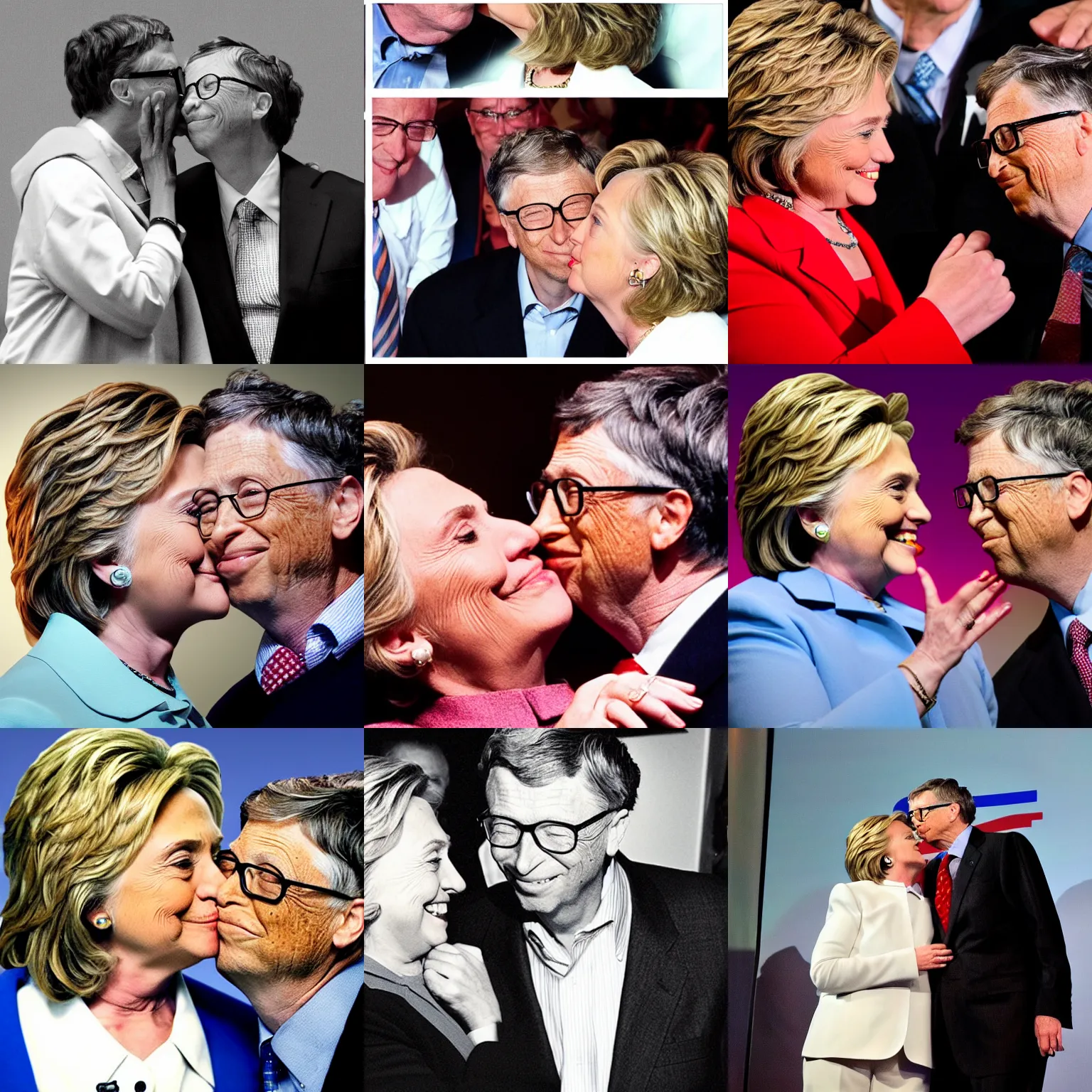 Prompt: hillary clinton kissing bill gates, dynamic lighting, perfect photo, award winning,