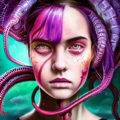 Image similar to detailed photo portrait of a furious teen girl with thin, hair-like purple tentacles on her head and bright purple eyes, 8k,by tristan eaton, Stanley Artgermm,Tom Bagshaw,Greg Rutkowski,Carne Griffiths,trending on DeviantArt, face enhance,hyper detailed ,full of colour, dramatic lightning