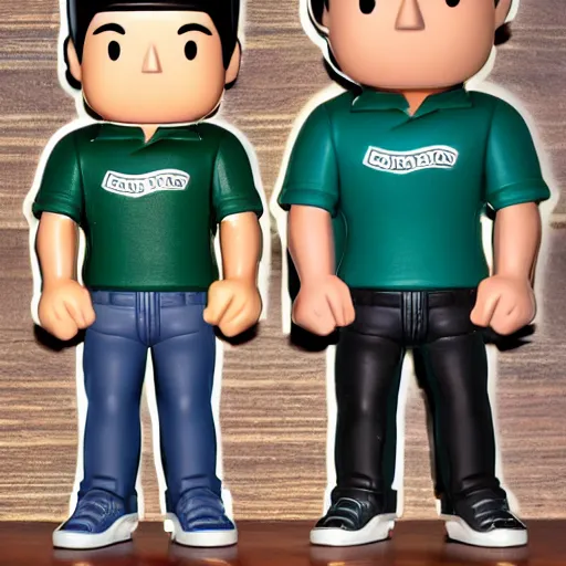 Prompt: a 30 year old skinny Latino programmer guy, with and thick straight brush up black hair on top, short on sides, in a dark green polo shirt, blue jeans and grey sneakers funko pop close up highly detailed photo