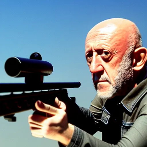 Image similar to Film still of Mike Ehrmantraut aiming with a sniper rifle, 4k, highly detailed