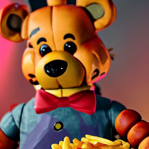 Prompt: freddy fazbear eating at mcdonald's, photography, 8 k,