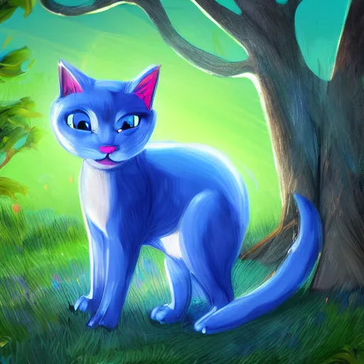 Prompt: illustration of glowing adorable blue cat, grassy field and tree, detailed concept art, artstation, warrior cats, shading,