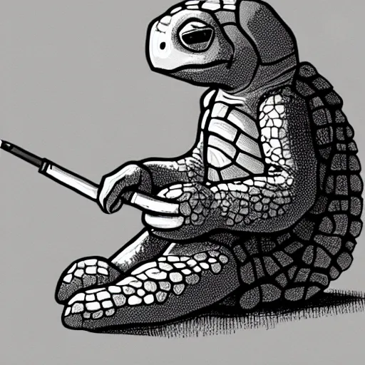 Image similar to storybook illustration of a turtle smoking a cigarette, storybook illustration, monochromatic