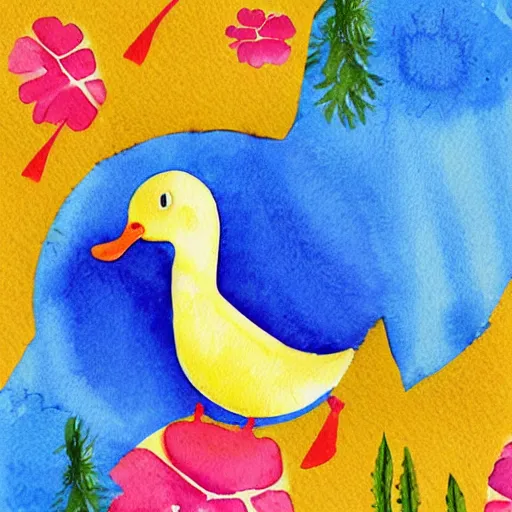 Image similar to watercolor yellow duck with party horn, cute illustration by claudia gadotti