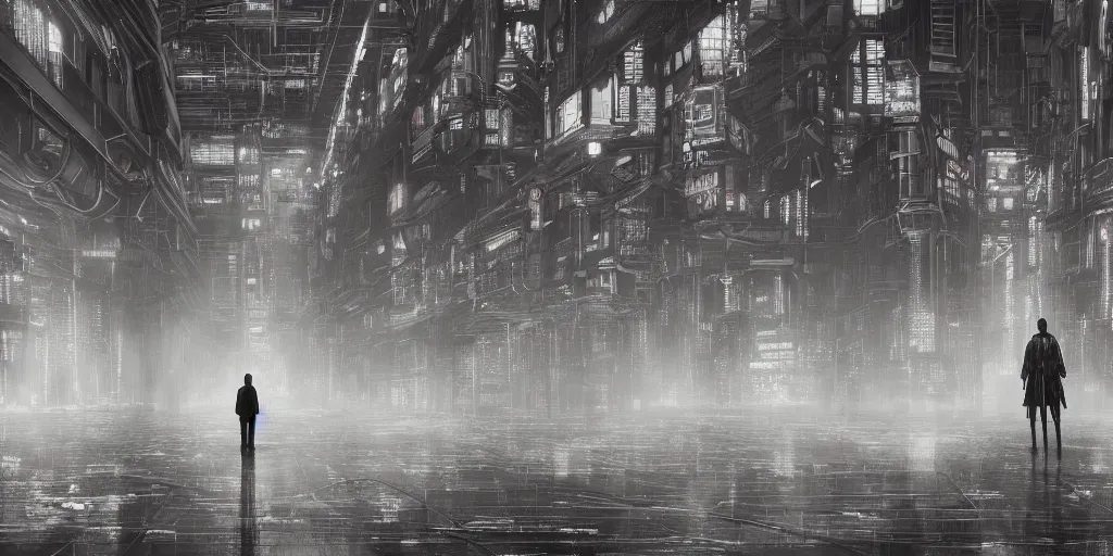 Prompt: lonely stranger inside a hall of monumental cyberpunk industrial factory megacomplex; by tsutomi nihei; hyperrealistic, 4K wallpaper, highly detailed-H 768 -H 1024