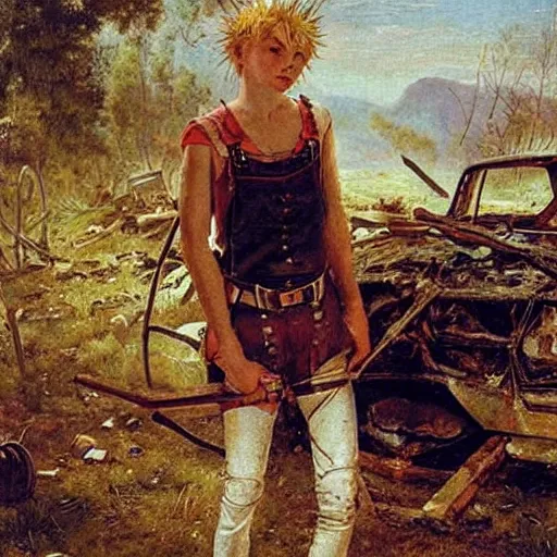 Image similar to a skinny elf with spiky blonde hair wearing dark brown overalls and holding dynamite standing next to a destroyed car, painting by Sophie Anderson