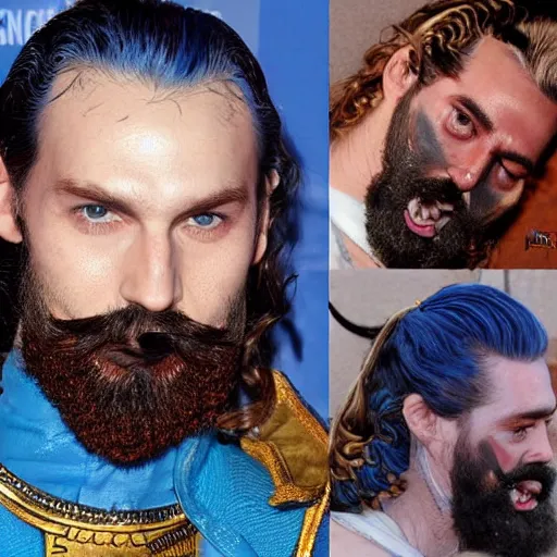 Image similar to Daario is lithe and smooth skinned with bright, deep blue eyes which can appear almost purple. His curly hair reaches his collar, and he keeps his beard cut in three prongs. Daario dyes his hair and trident beard, in blue and other times in deep purple. His fingernails are also enameled blue. His mustachios are painted gold, and he has a large, curving nose. A golden tooth gleams in in his mouth.