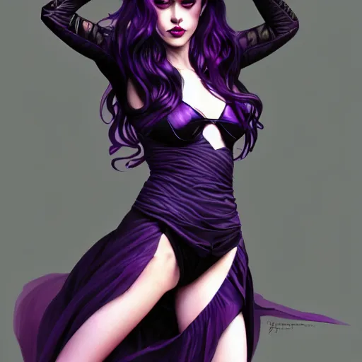 Image similar to american evil girl black - purple long hair, tane skin, purple eyes, dark purple lips, intricate, elegant, highly detailed, my rendition, digital painting, artstation, concept art, smooth, sharp focus, illustration, art by artgerm and greg rutkowski and alphonse mucha and uang guangjian and gil elvgren and sachin teng, symmetry!!