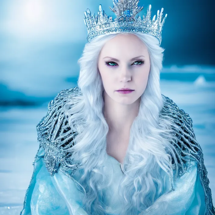 Image similar to professional photograph of a beautiful!! ice queen with intricate crown and cloak, sitting on an icy throne. Extremely detailed. 8k