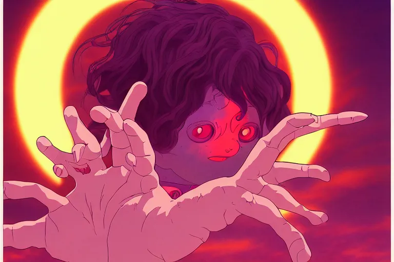 Prompt: digital illustration of a horrified child summoning a powerful demon, clean lines, extreme detail, cel - shaded anime key visual in the style of moebius, ayami kojima, 9 0's anime, retro fantasy, studio ghibli, studio trigger