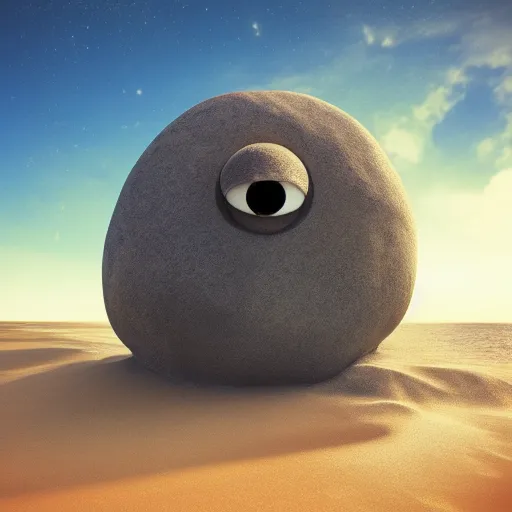 Prompt: A rock with googly eyes, the rock is chilling on the beach, palm trees swaying in the wind, the moon rising on the horizon, stars glistening in the night, hyperdetailed, artstation, cgsociety, 8k