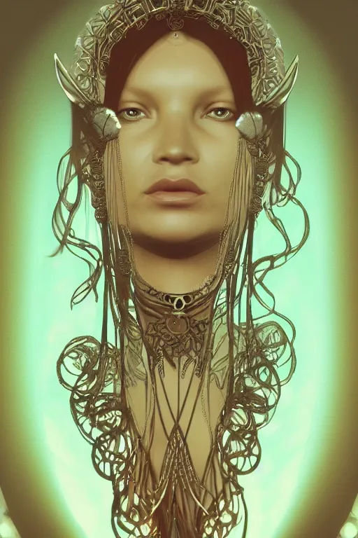 Prompt: a realistic dark photo of a beautiful ancient alien woman goddess kate moss in jewelery and fractals in style of alphonse mucha art nuvo dmt trending on artstation made in unreal engine 4